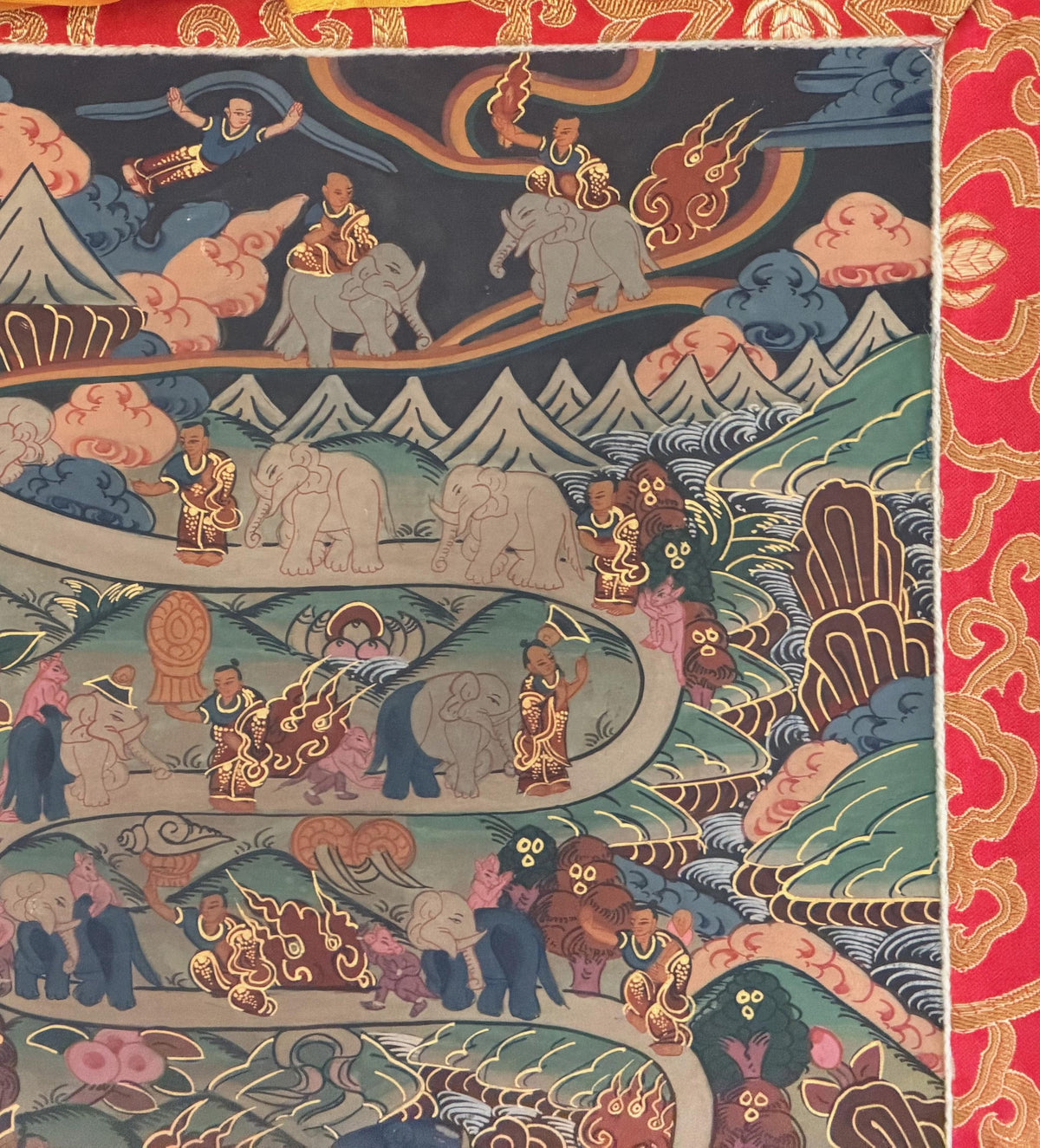Nine Stages Samatha Meditation, Elephant Path Mind Training, Tibetan Thangka Painting with Silk Brocade
