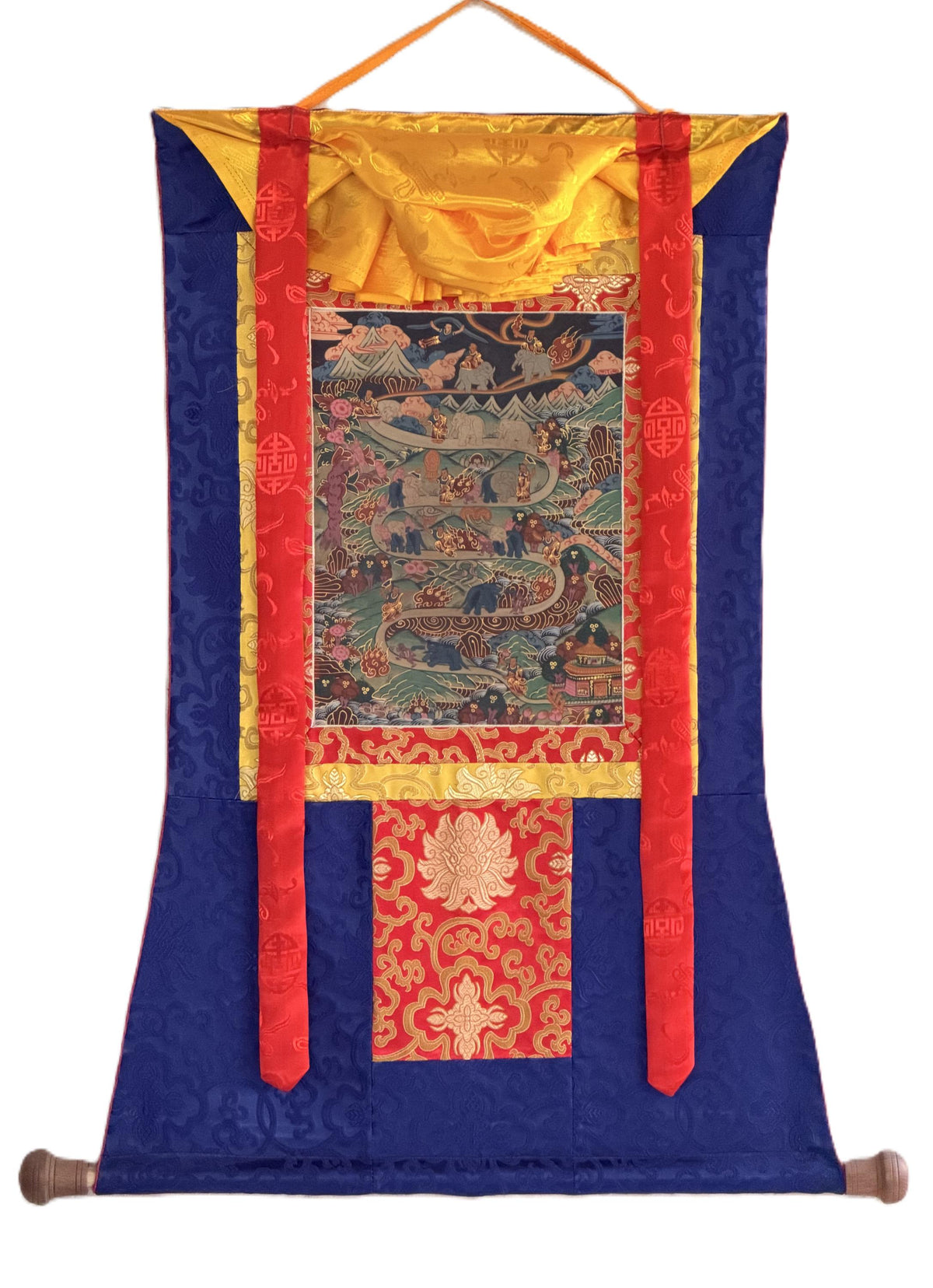 Nine Stages Samatha Meditation, Elephant Path Mind Training, Tibetan Thangka Painting with Silk Brocade