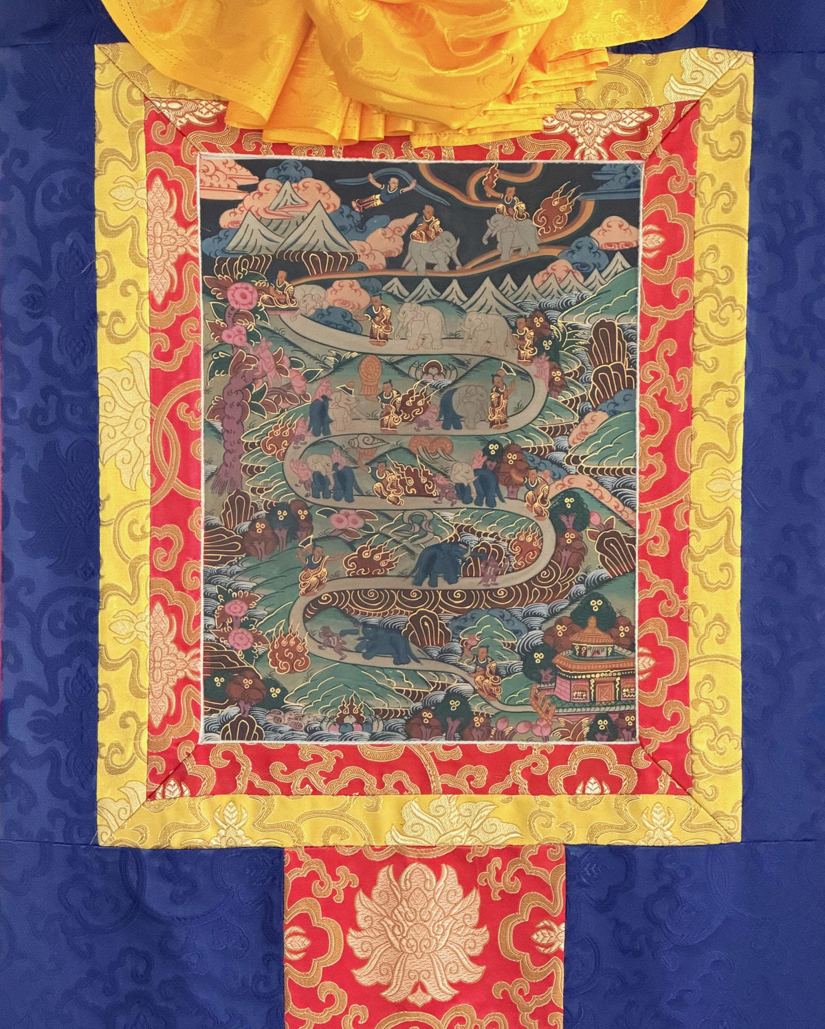 Nine Stages Samatha Meditation, Elephant Path Mind Training, Tibetan Thangka Painting with Silk Brocade