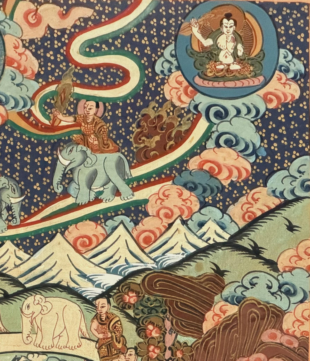 Samatha Meditation Thangka | Nine Stages Elephant Path | Hand-Painted Tibetan Buddhist Art | Silk Brocade