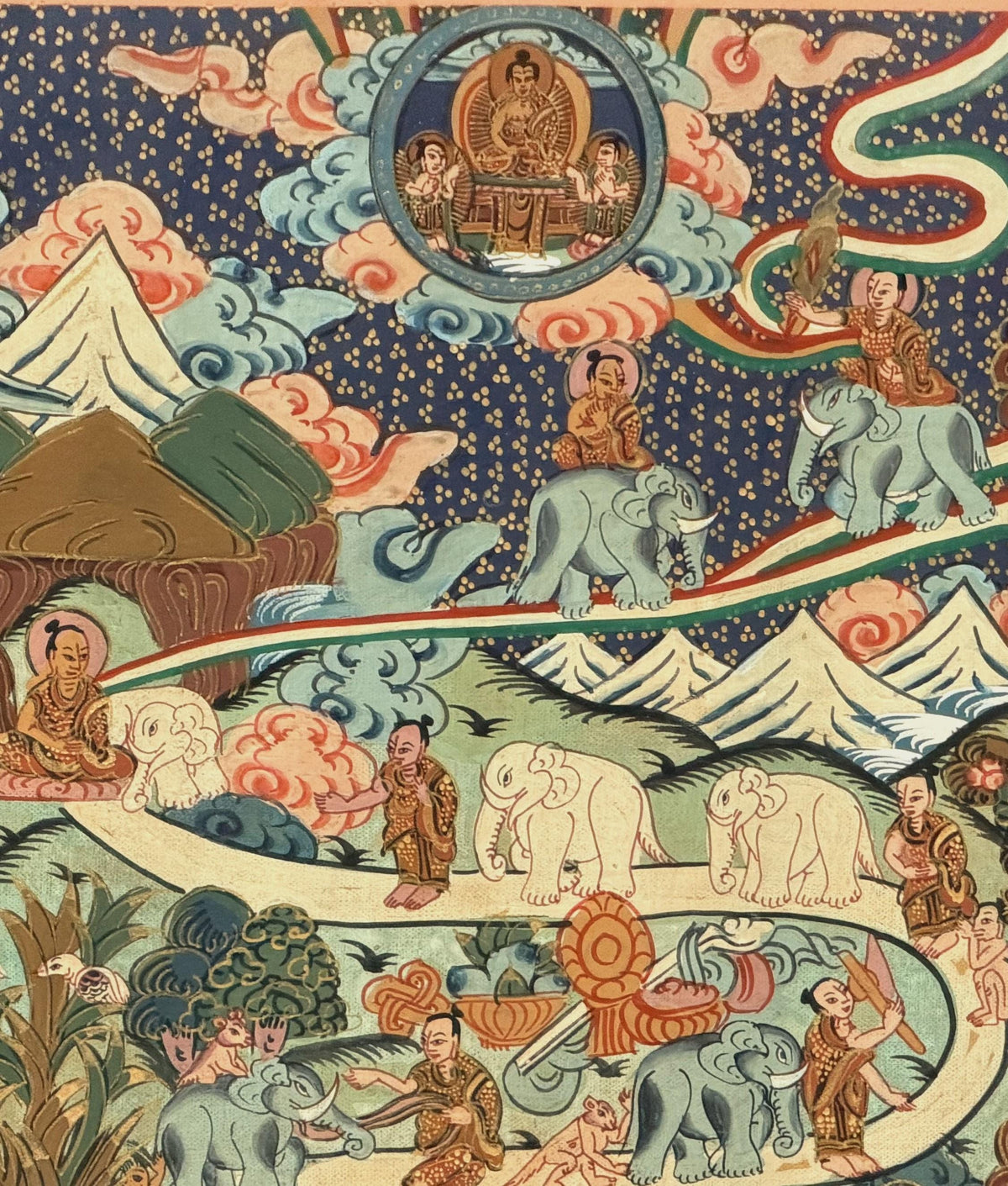 Samatha Meditation Thangka | Nine Stages Elephant Path | Hand-Painted Tibetan Buddhist Art | Silk Brocade