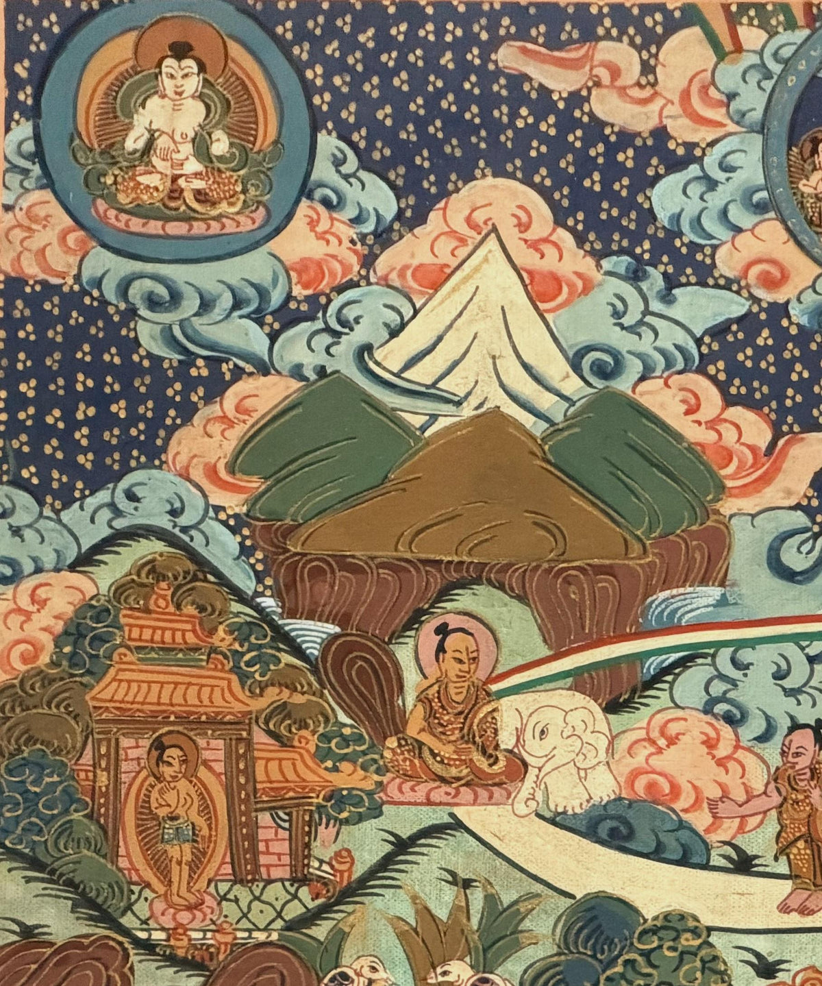 Samatha Meditation Thangka | Nine Stages Elephant Path | Hand-Painted Tibetan Buddhist Art | Silk Brocade