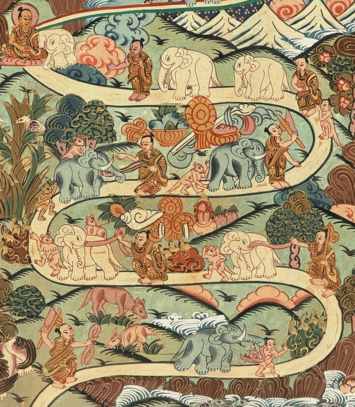 Samatha Meditation Thangka | Nine Stages Elephant Path | Hand-Painted Tibetan Buddhist Art | Silk Brocade