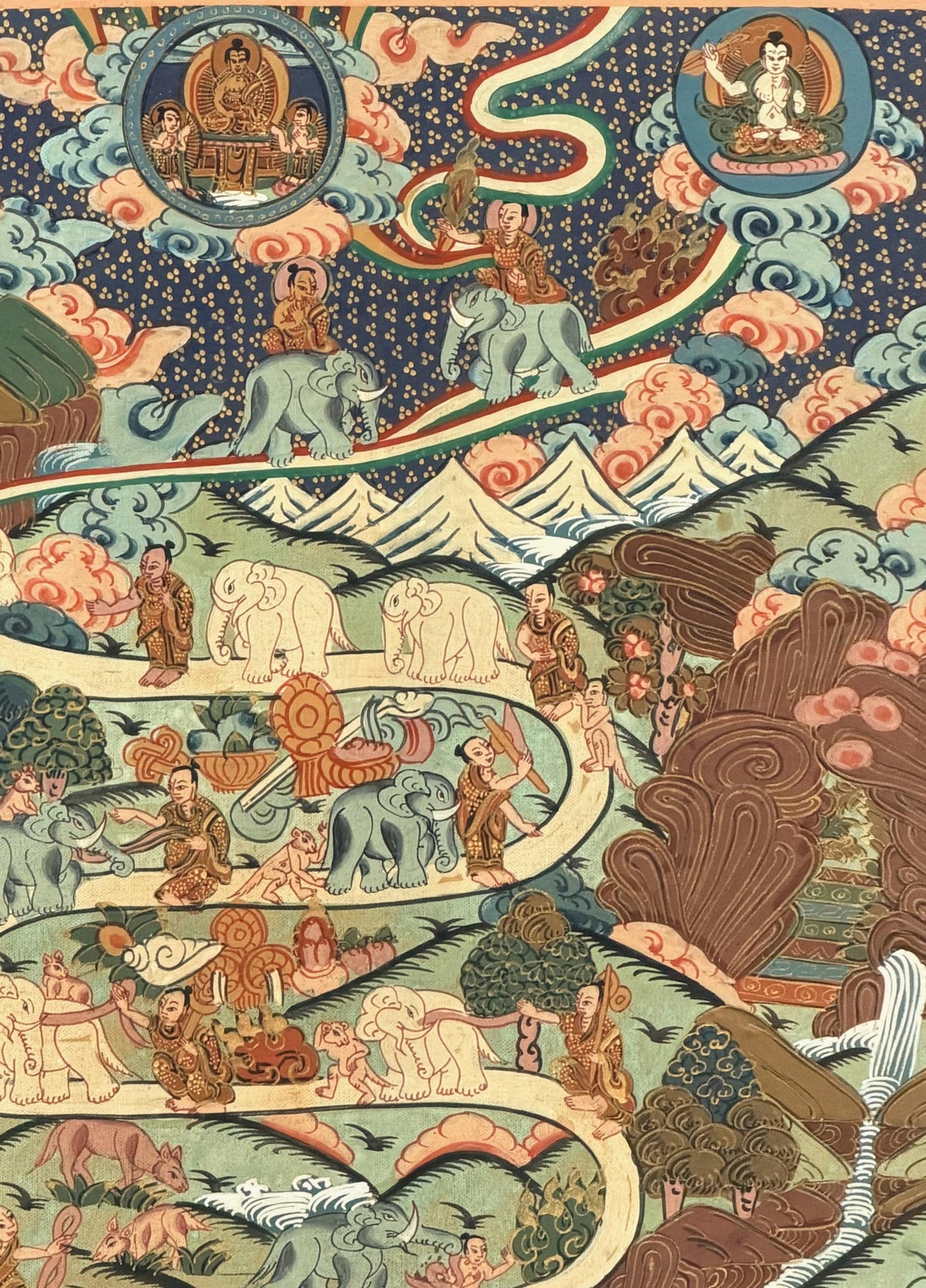 Samatha Meditation Thangka | Nine Stages Elephant Path | Hand-Painted Tibetan Buddhist Art | Silk Brocade