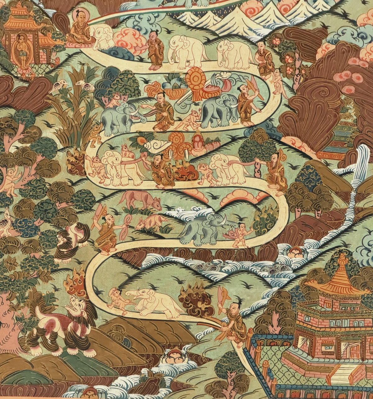 Samatha Meditation Thangka | Nine Stages Elephant Path | Hand-Painted Tibetan Buddhist Art | Silk Brocade