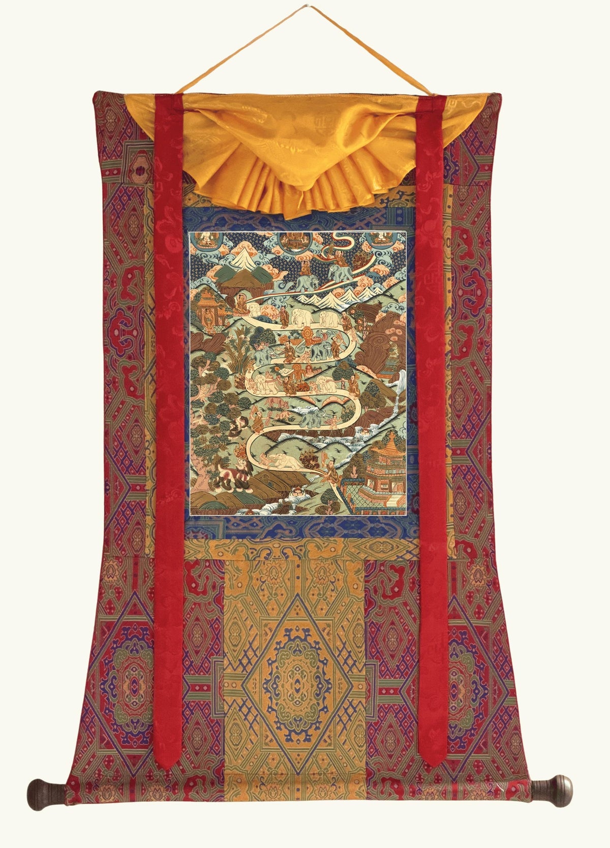 Samatha Meditation Thangka | Nine Stages Elephant Path | Hand-Painted Tibetan Buddhist Art | Silk Brocade