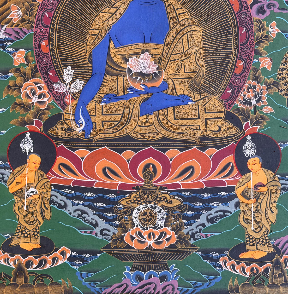 Hand-Painted Medicine Buddha Thangka Painting, BhaisajyaGuru Tibetan Meditation Art