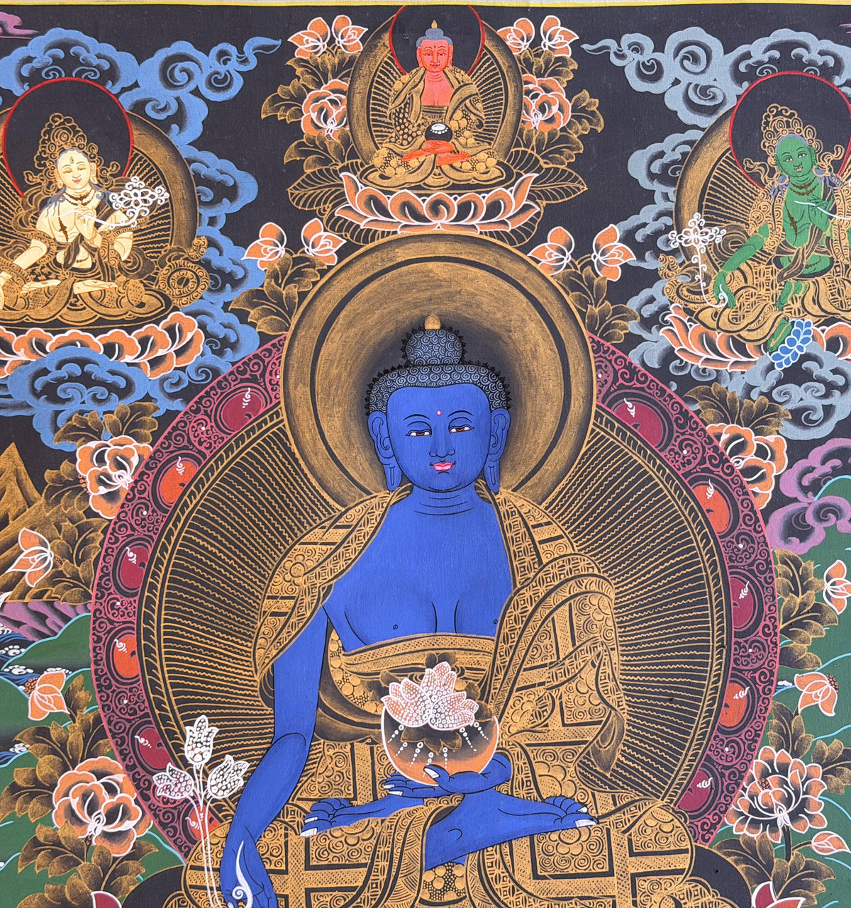 Hand-Painted Medicine Buddha Thangka Painting, BhaisajyaGuru Tibetan Meditation Art