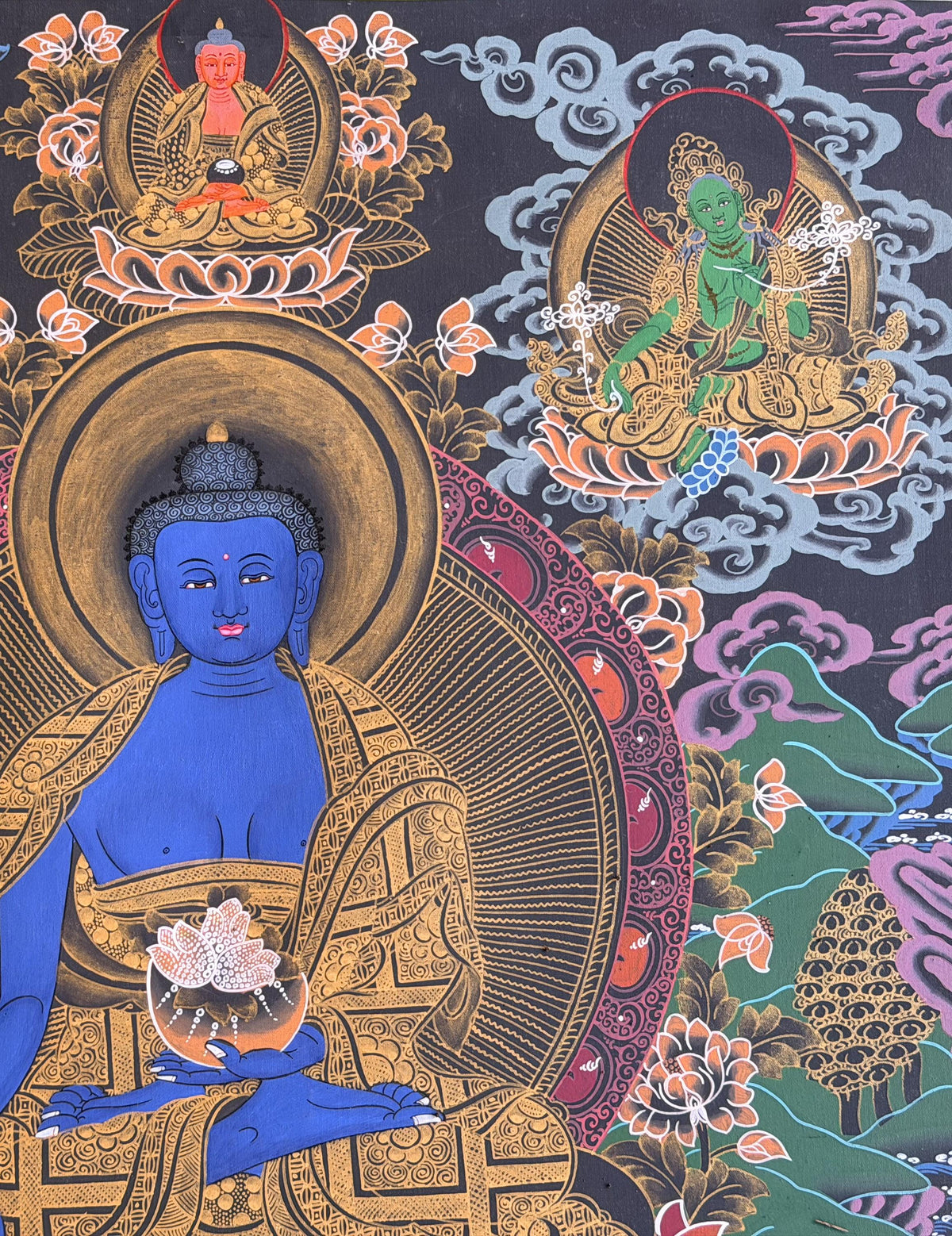 Hand-Painted Medicine Buddha Thangka Painting, BhaisajyaGuru Tibetan Meditation Art