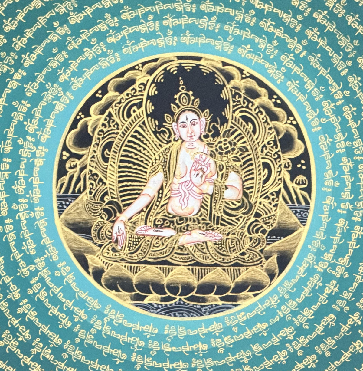 White Tara Om Mani Padme Hum Mandala Thangka | Hand-Painted Tibetan Buddhist Art with Silk Brocade