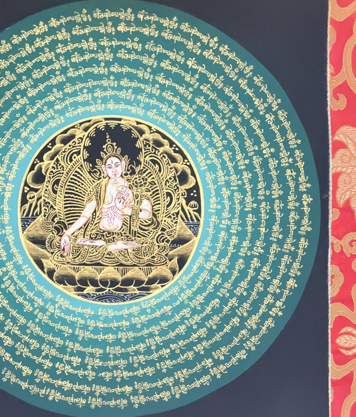 White Tara Om Mani Padme Hum Mandala Thangka | Hand-Painted Tibetan Buddhist Art with Silk Brocade