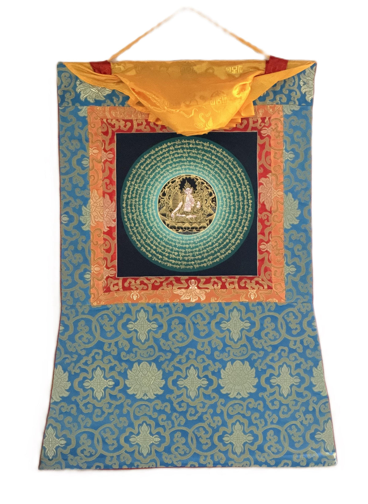 White Tara Om Mani Padme Hum Mandala Thangka | Hand-Painted Tibetan Buddhist Art with Silk Brocade