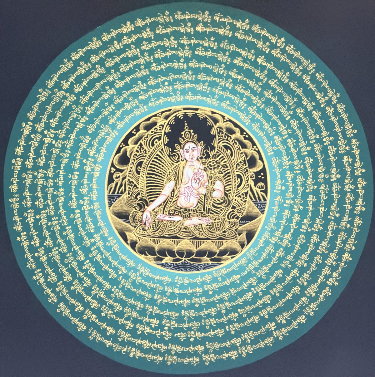 White Tara Om Mani Padme Hum Mandala Thangka | Hand-Painted Tibetan Buddhist Art with Silk Brocade