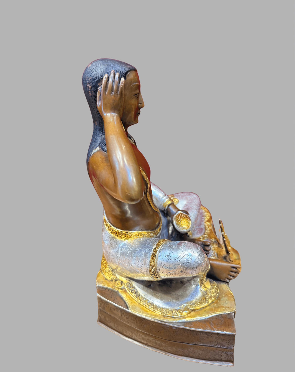 Milarepa Statue, Handmade Oxidized Copper Tibetan Buddhist Sculpture, Gold Gilded and Silver Plated Meditation Altar Decor