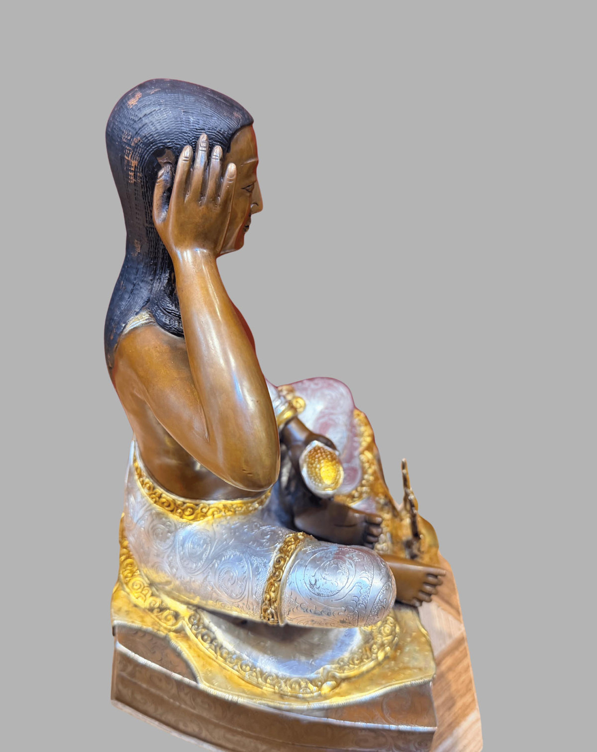 Milarepa Statue, Handmade Oxidized Copper Tibetan Buddhist Sculpture, Gold Gilded and Silver Plated Meditation Altar Decor