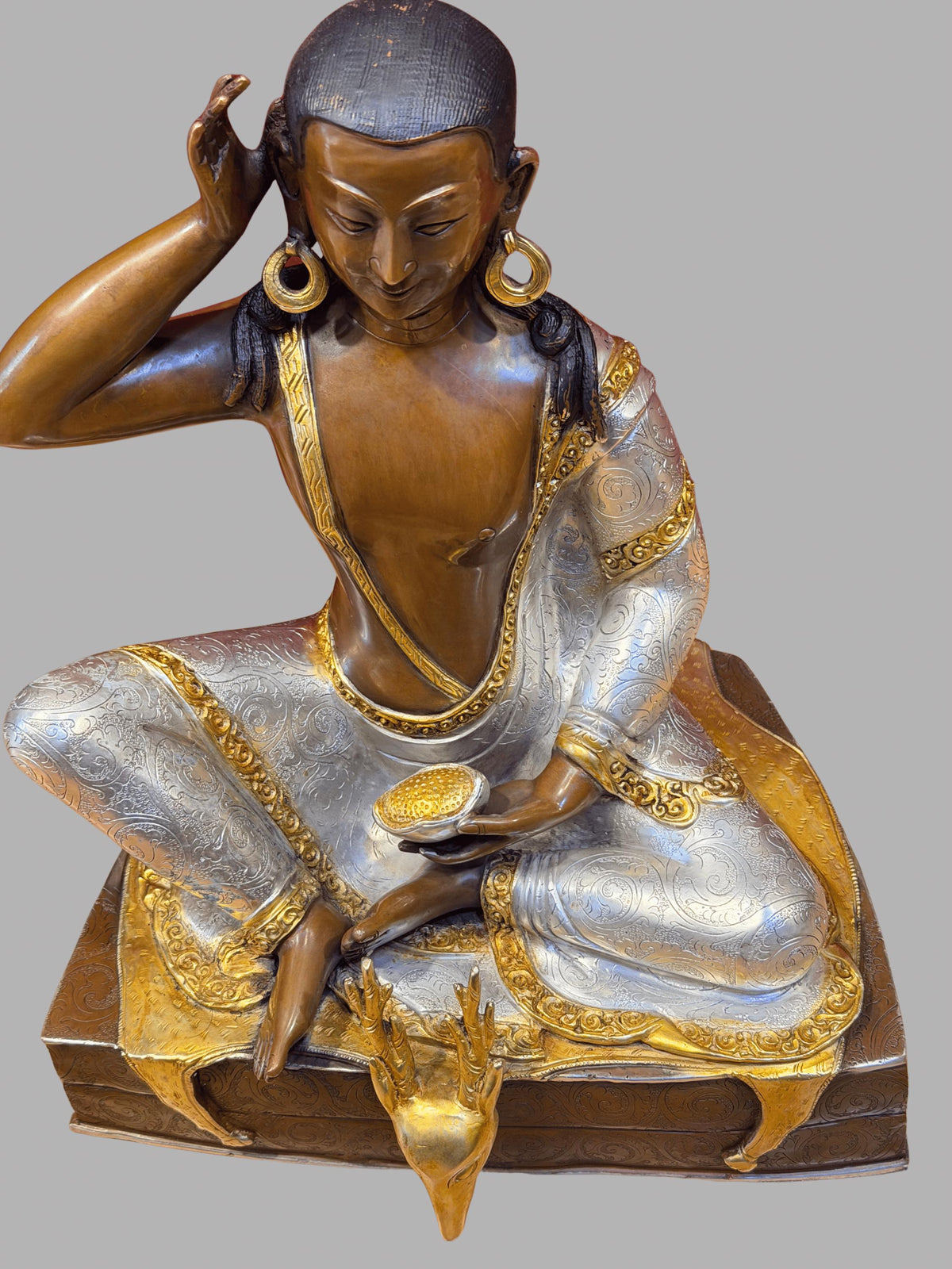 Milarepa Statue, Handmade Oxidized Copper Tibetan Buddhist Sculpture, Gold Gilded and Silver Plated Meditation Altar Decor