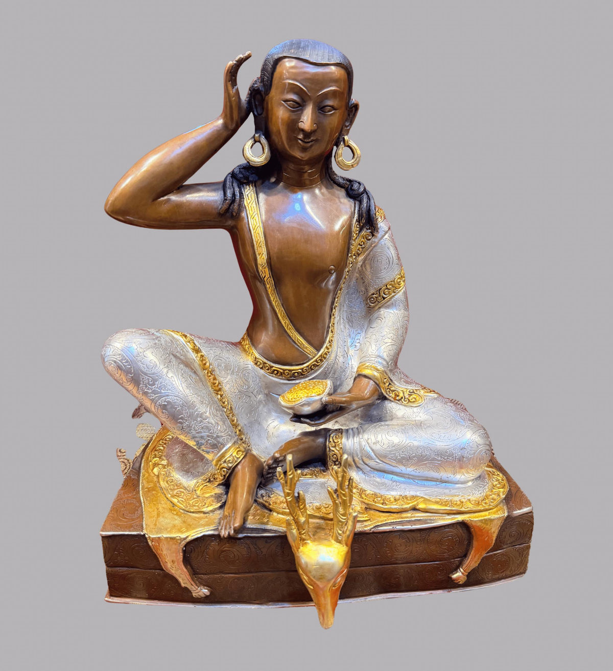 Milarepa Statue, Handmade Oxidized Copper Tibetan Buddhist Sculpture, Gold Gilded and Silver Plated Meditation Altar Decor