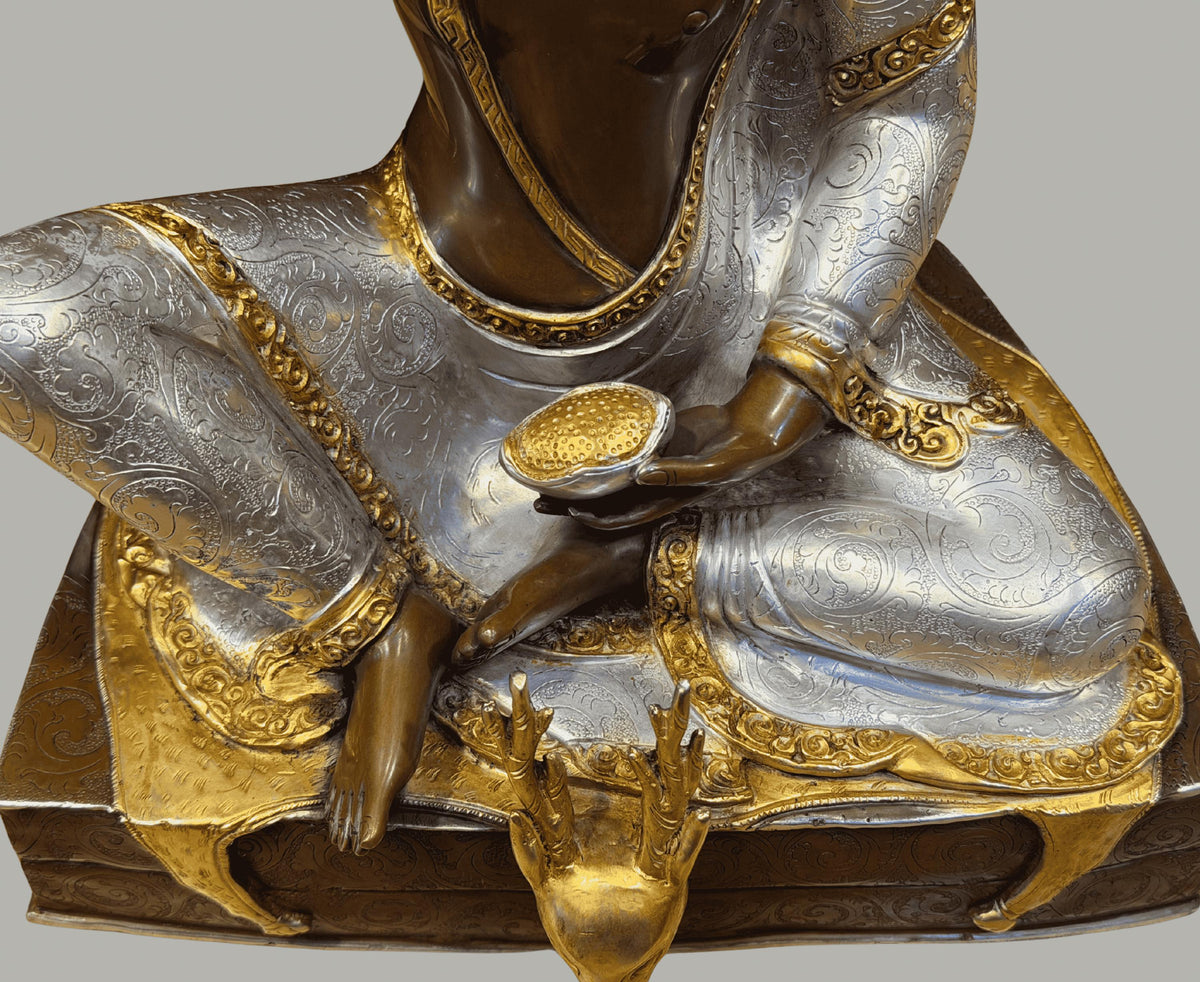 Milarepa Statue, Handmade Oxidized Copper Tibetan Buddhist Sculpture, Gold Gilded and Silver Plated Meditation Altar Decor