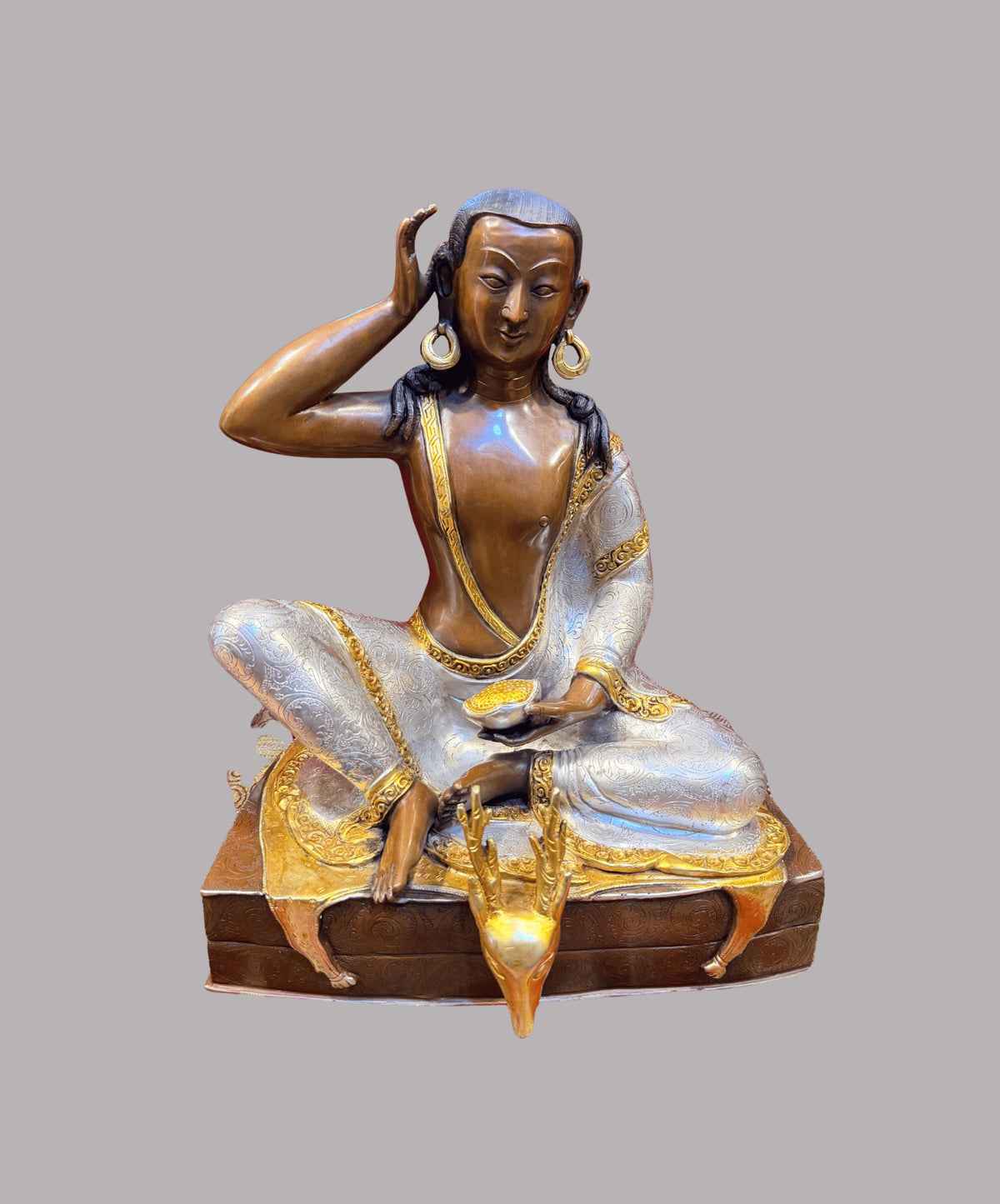 Milarepa Statue, Handmade Oxidized Copper Tibetan Buddhist Sculpture, Gold Gilded and Silver Plated Meditation Altar Decor
