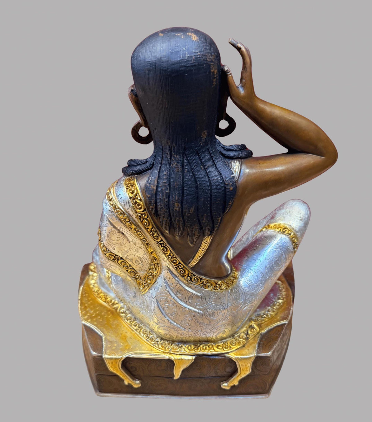 Milarepa Statue, Handmade Oxidized Copper Tibetan Buddhist Sculpture, Gold Gilded and Silver Plated Meditation Altar Decor