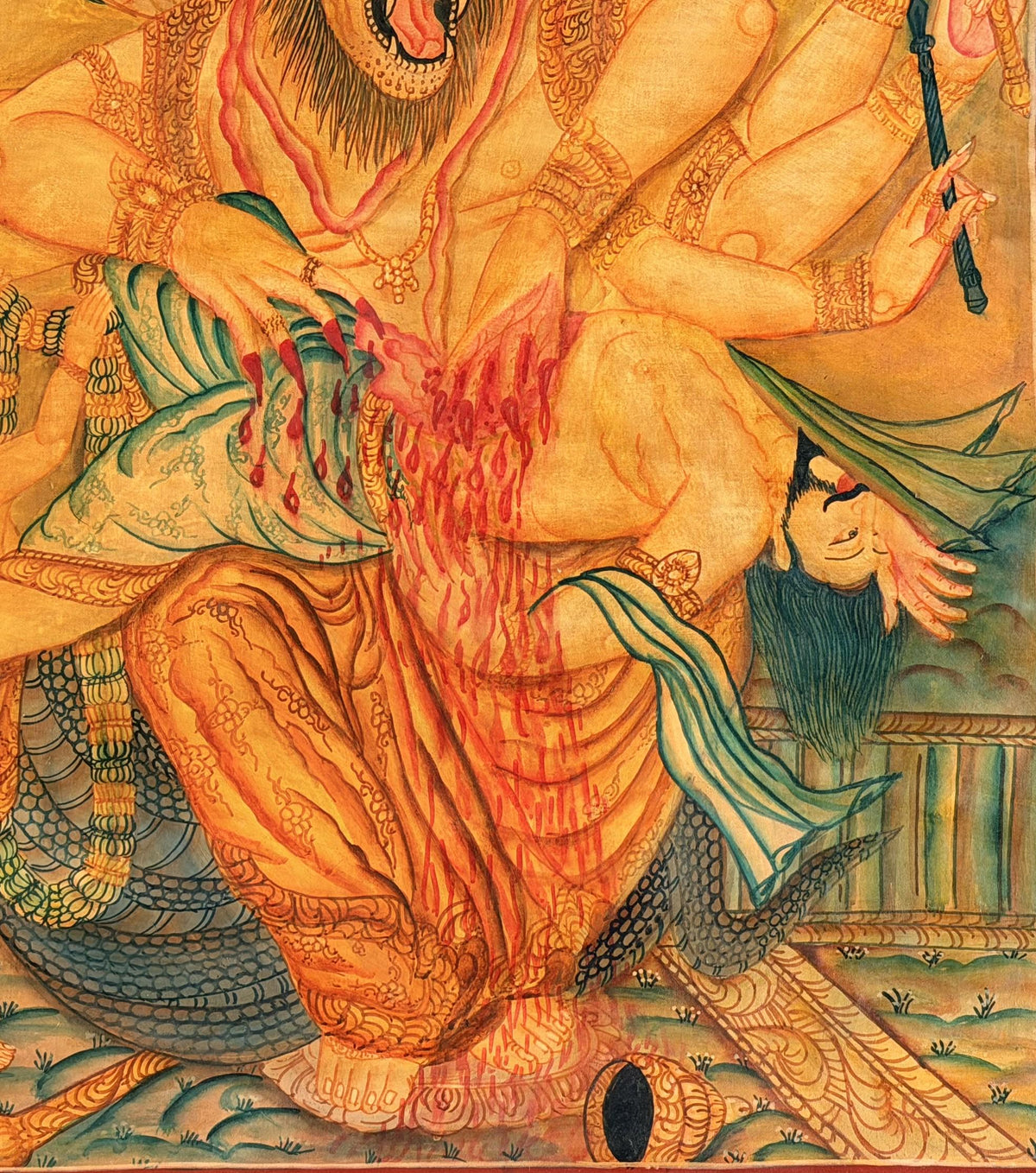 Oil Varnished Narasimha Thangka Painting, Lord Vishnu Lion Avatar, Hand-Painted Hindu Buddhist Art, Antique Style Nepal