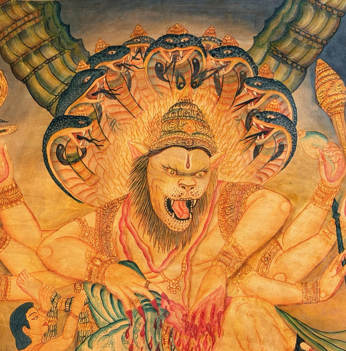 Oil Varnished Narasimha Thangka Painting, Lord Vishnu Lion Avatar, Hand-Painted Hindu Buddhist Art, Antique Style Nepal