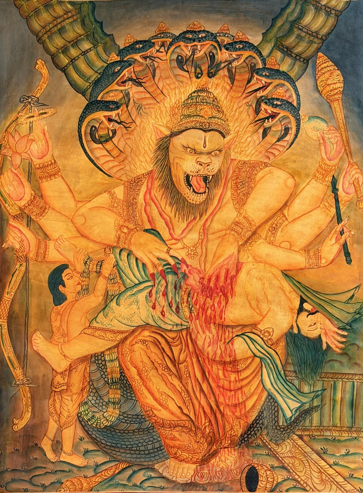 Oil Varnished Narasimha Thangka Painting, Lord Vishnu Lion Avatar, Hand-Painted Hindu Buddhist Art, Antique Style Nepal