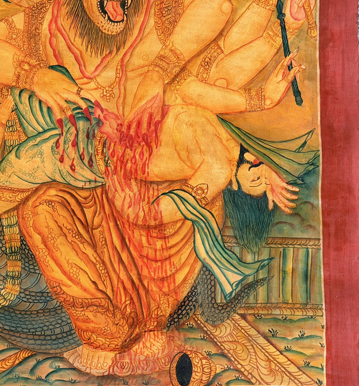 Oil Varnished Narasimha Thangka Painting, Lord Vishnu Lion Avatar, Hand-Painted Hindu Buddhist Art, Antique Style Nepal