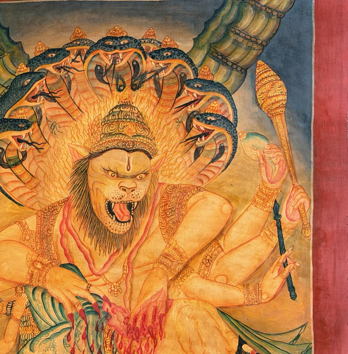 Oil Varnished Narasimha Thangka Painting, Lord Vishnu Lion Avatar, Hand-Painted Hindu Buddhist Art, Antique Style Nepal