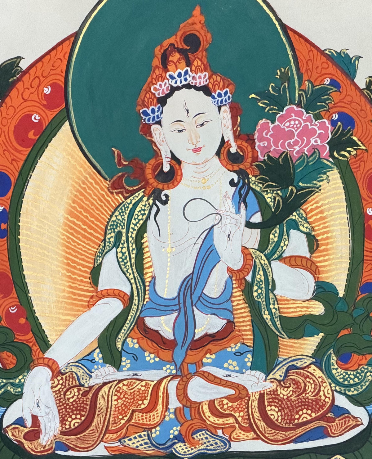 White Tara Thangka with  Silk Brocade | Hand-Painted Tibetan Buddhist Longevity Art