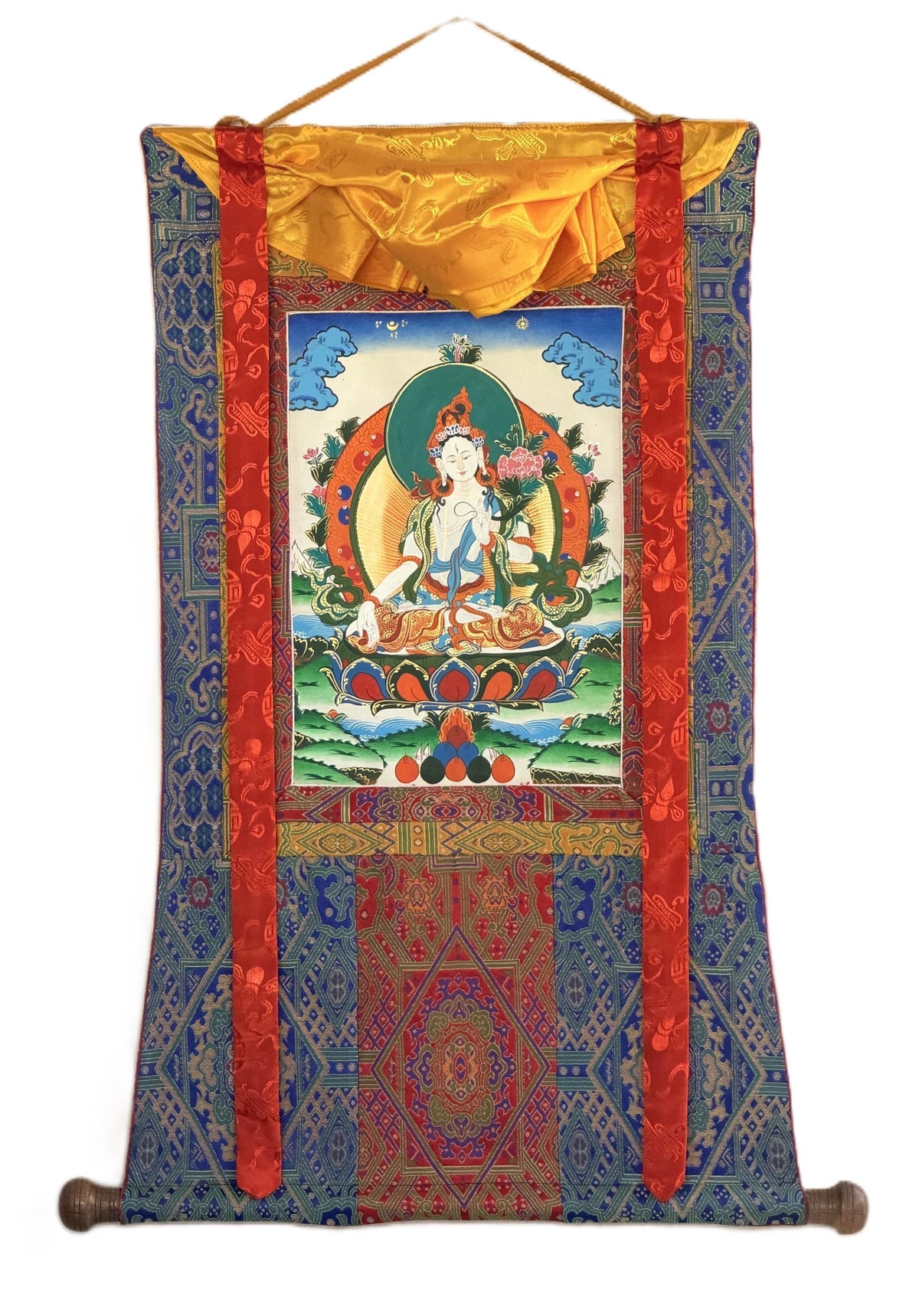 White Tara Thangka with  Silk Brocade | Hand-Painted Tibetan Buddhist Longevity Art