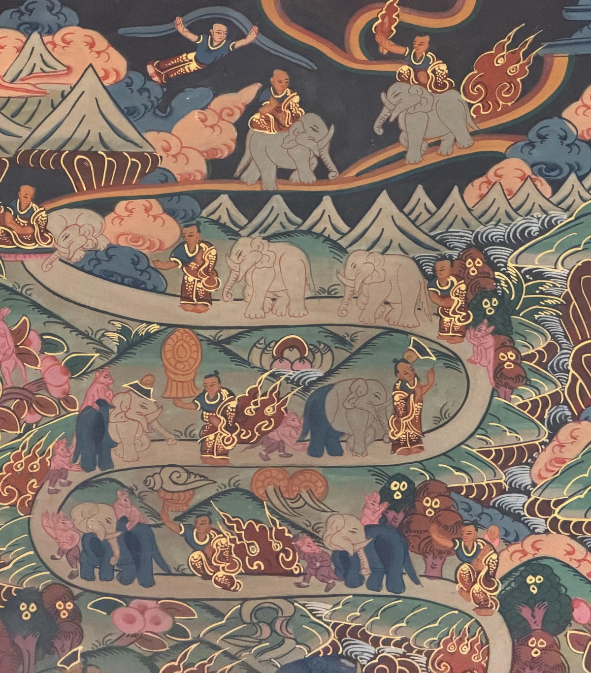 Nine Stages Samatha Meditation, Elephant Path Mind Training, Tibetan Thangka Painting with Silk Brocade