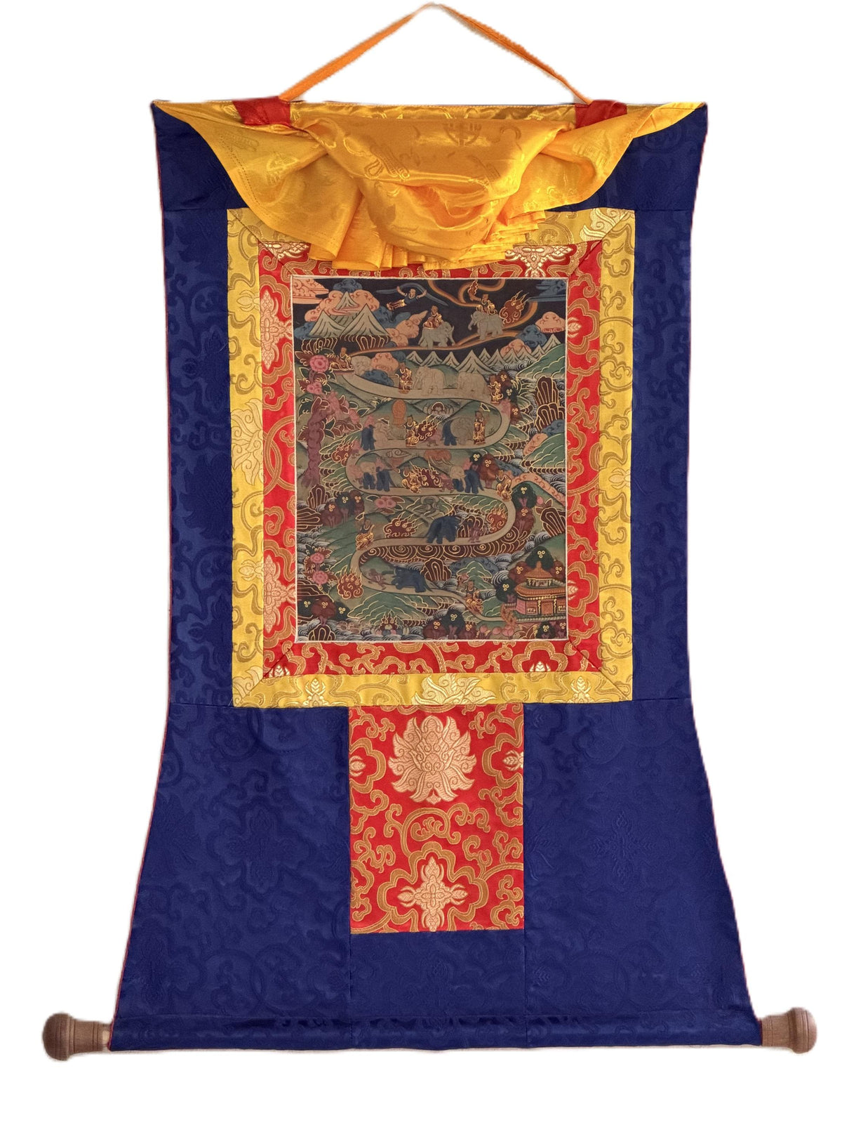 Nine Stages Samatha Meditation, Elephant Path Mind Training, Tibetan Thangka Painting with Silk Brocade