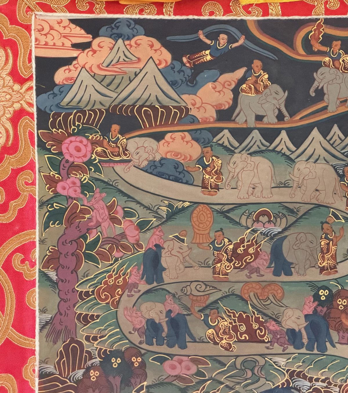 Nine Stages Samatha Meditation, Elephant Path Mind Training, Tibetan Thangka Painting with Silk Brocade