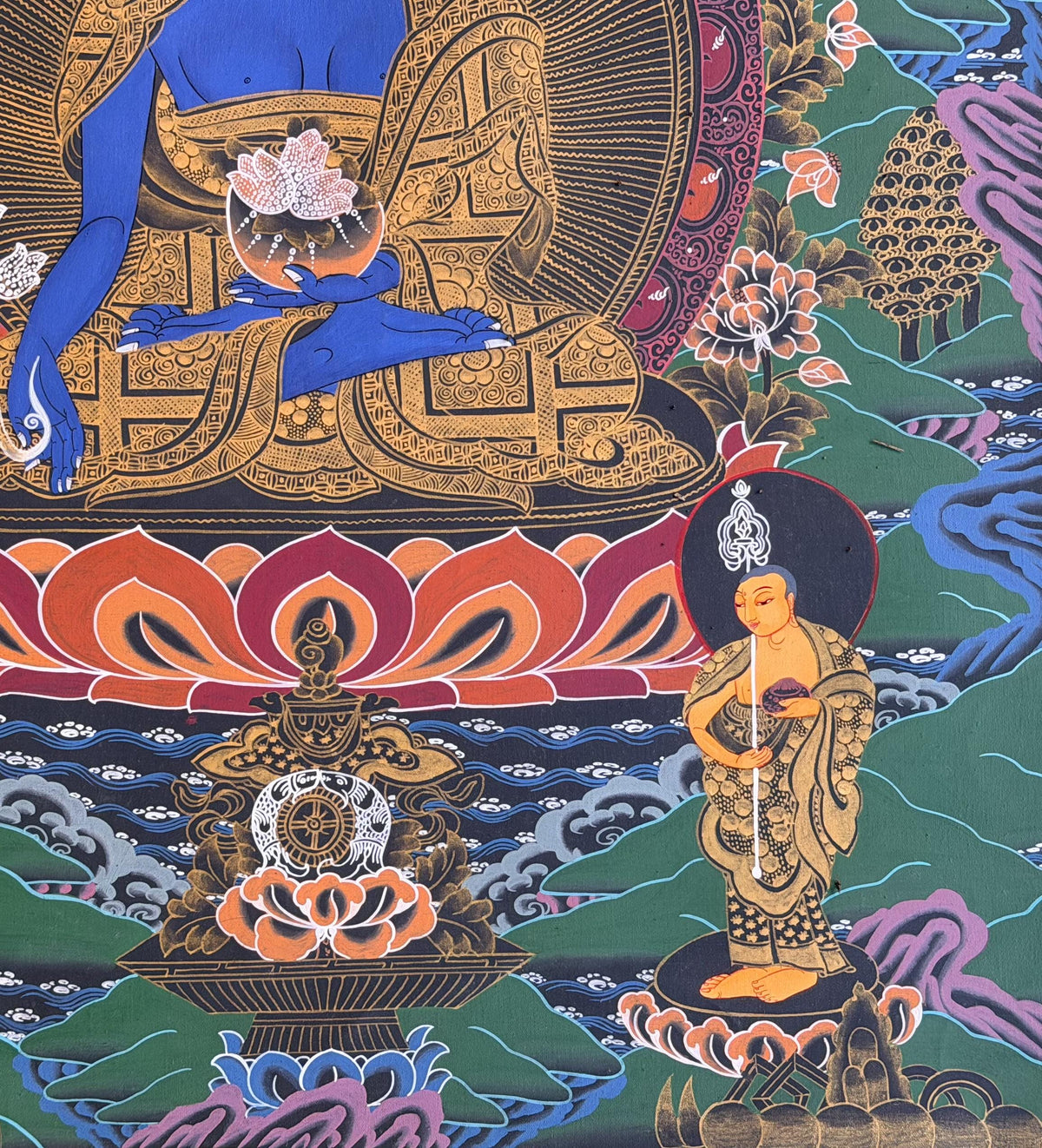 Hand-Painted Medicine Buddha Thangka Painting, BhaisajyaGuru Tibetan Meditation Art