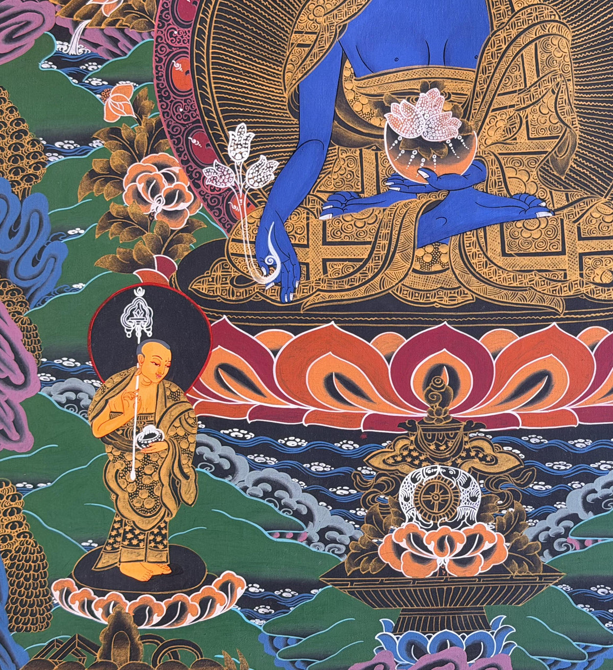 Hand-Painted Medicine Buddha Thangka Painting, BhaisajyaGuru Tibetan Meditation Art
