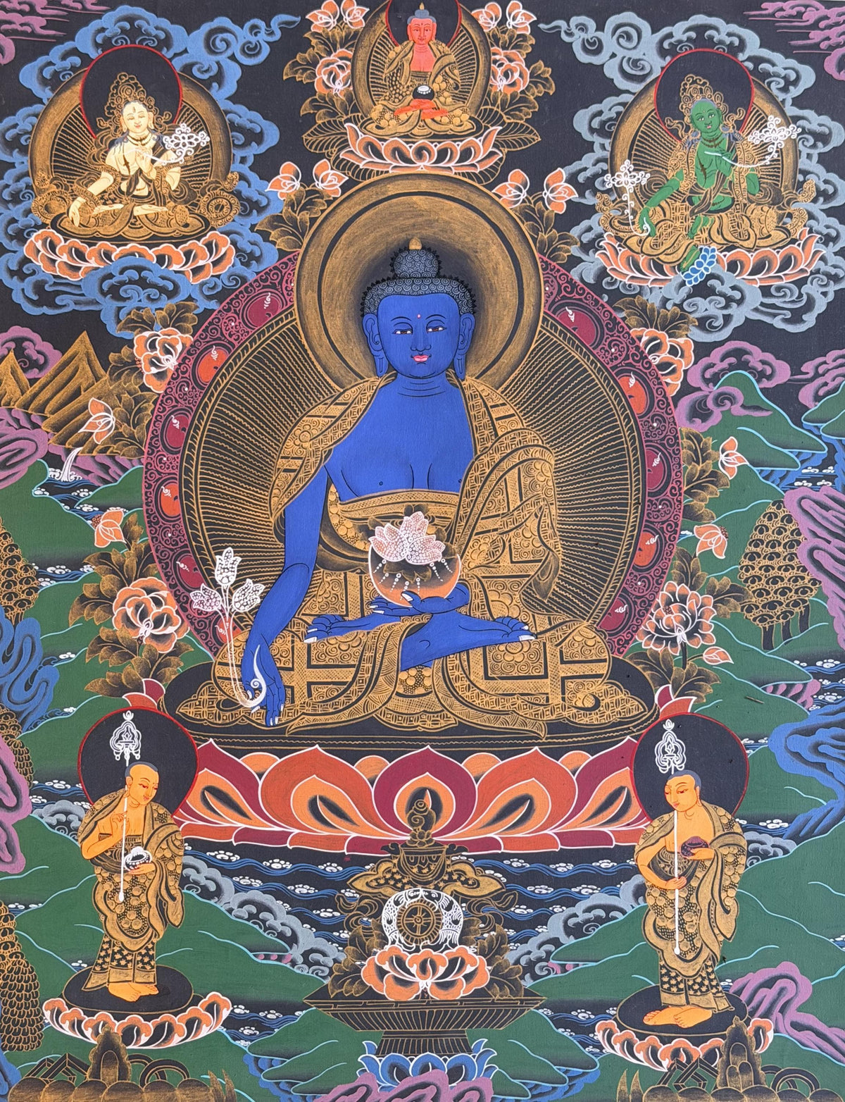 Hand-Painted Medicine Buddha Thangka Painting, BhaisajyaGuru Tibetan Meditation Art