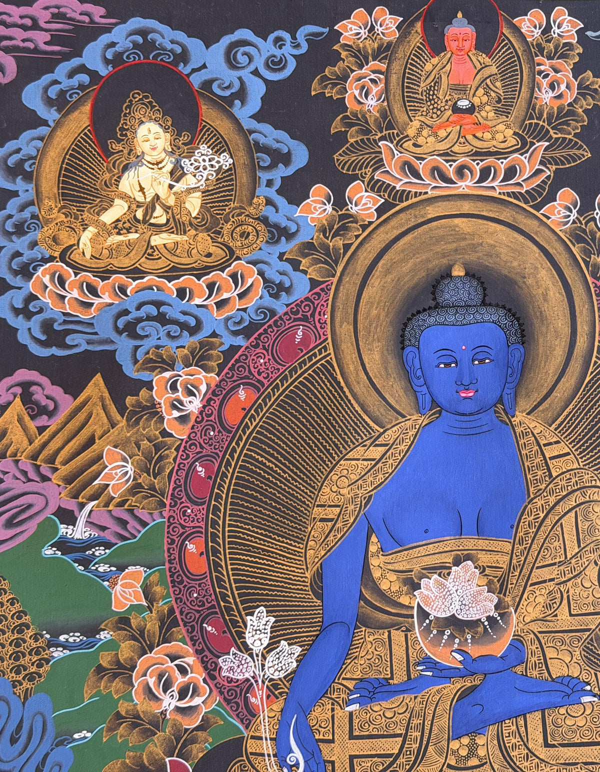 Hand-Painted Medicine Buddha Thangka Painting, BhaisajyaGuru Tibetan Meditation Art