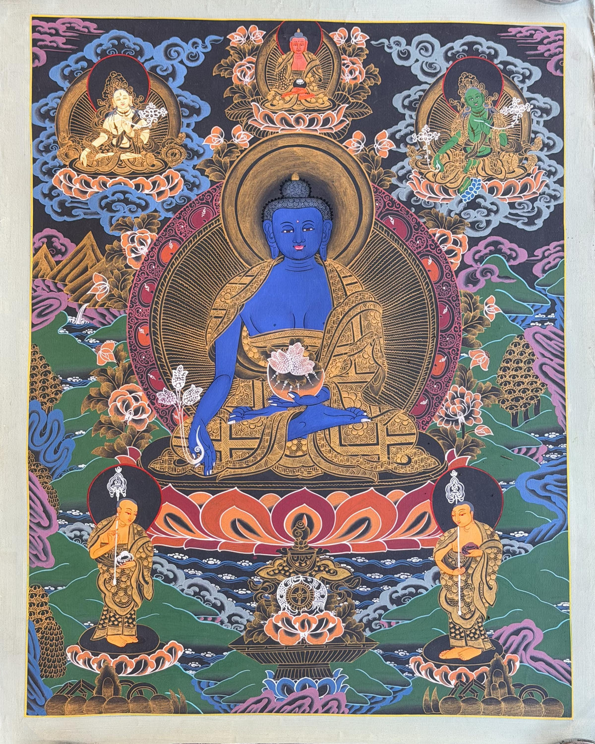 Hand-Painted Medicine Buddha Thangka Painting, BhaisajyaGuru Tibetan Meditation Art