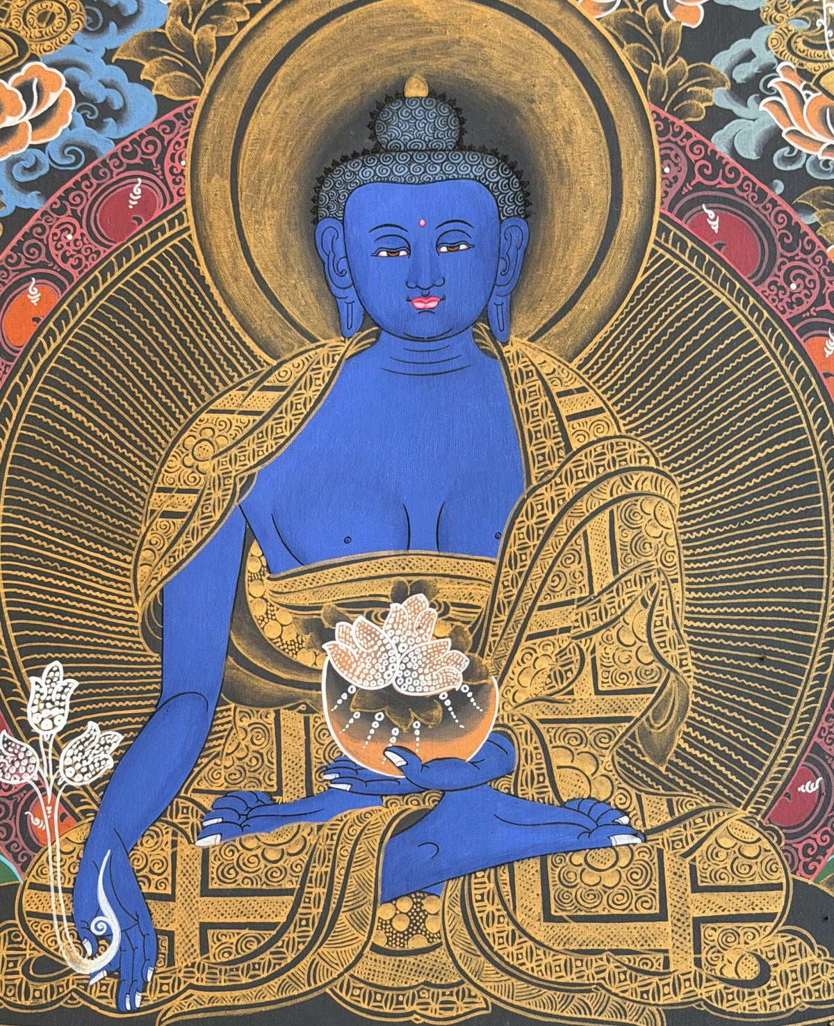 Hand-Painted Medicine Buddha Thangka Painting, BhaisajyaGuru Tibetan Meditation Art