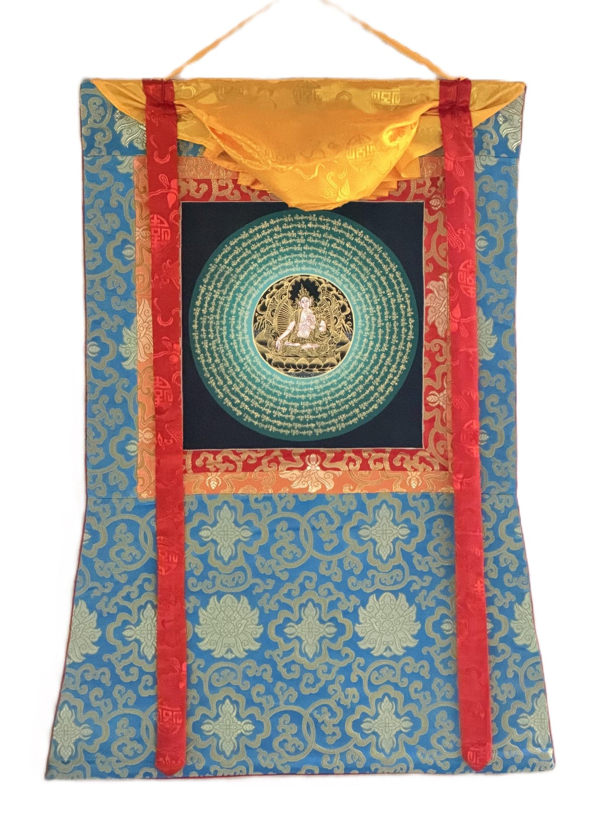 White Tara Om Mani Padme Hum Mandala Thangka | Hand-Painted Tibetan Buddhist Art with Silk Brocade