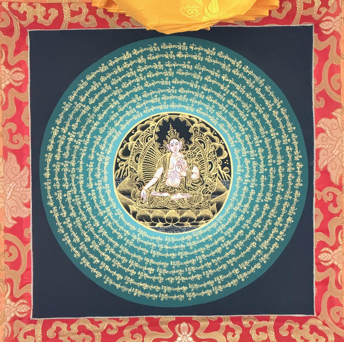 White Tara Om Mani Padme Hum Mandala Thangka | Hand-Painted Tibetan Buddhist Art with Silk Brocade