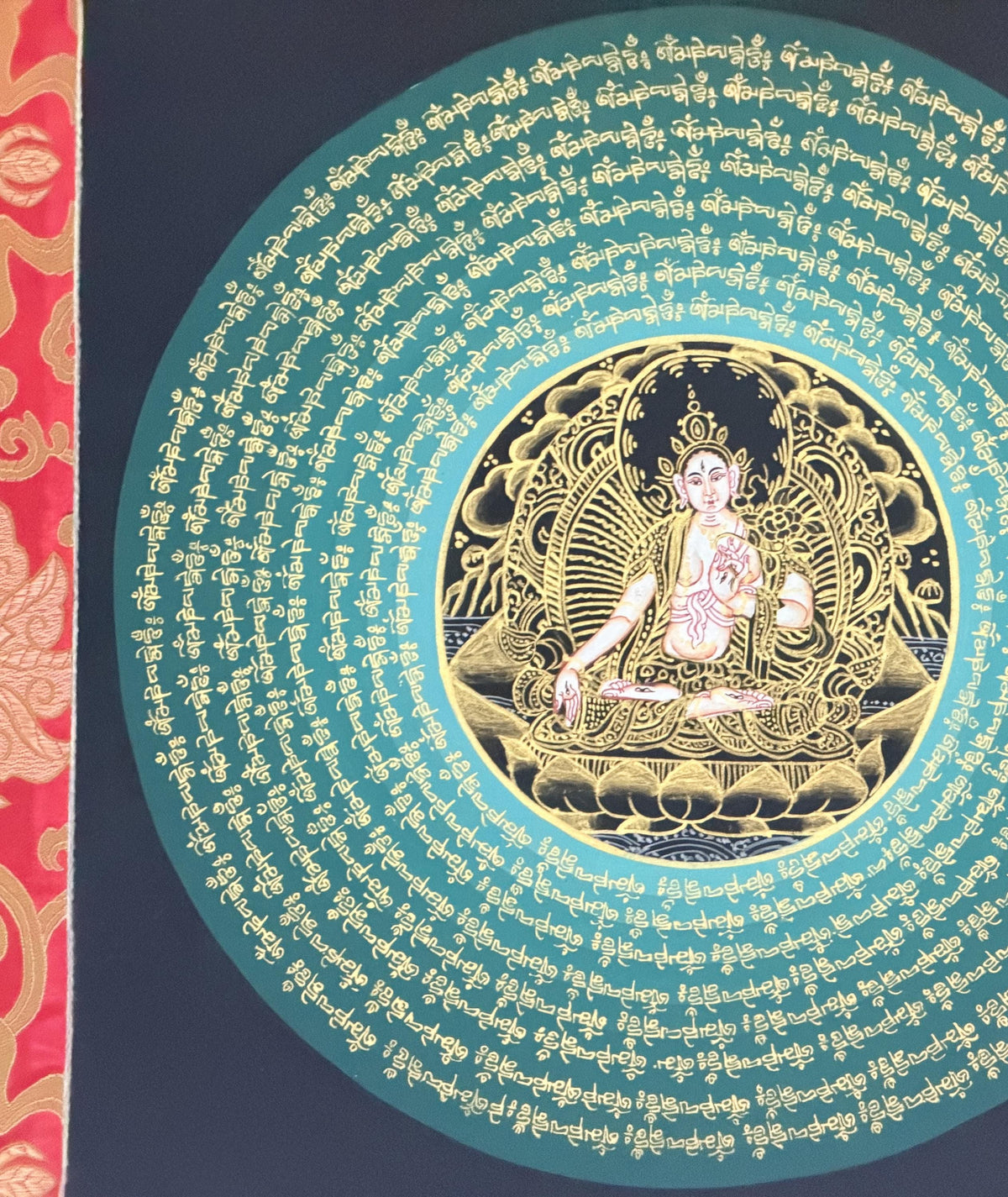 White Tara Om Mani Padme Hum Mandala Thangka | Hand-Painted Tibetan Buddhist Art with Silk Brocade