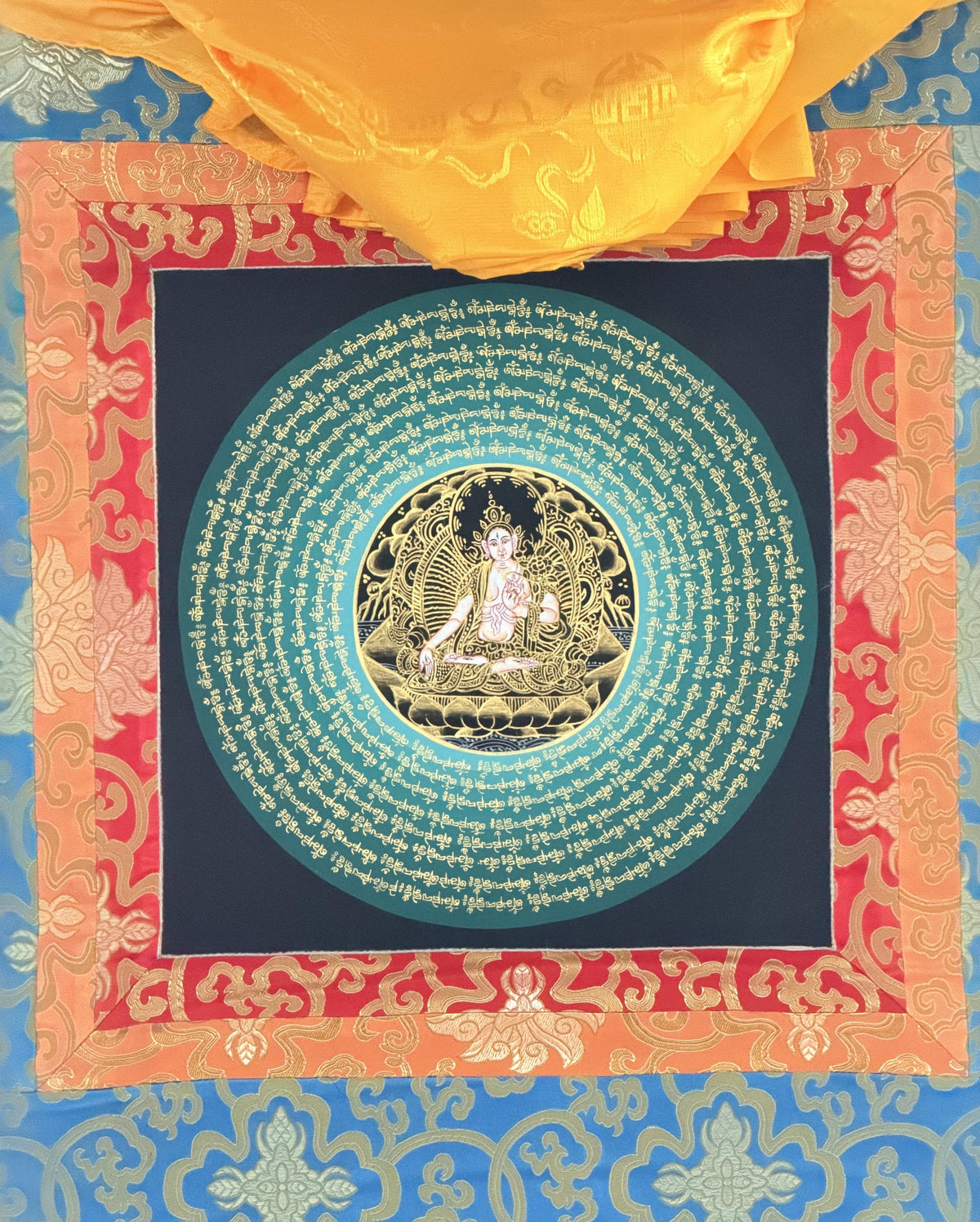 White Tara Om Mani Padme Hum Mandala Thangka | Hand-Painted Tibetan Buddhist Art with Silk Brocade