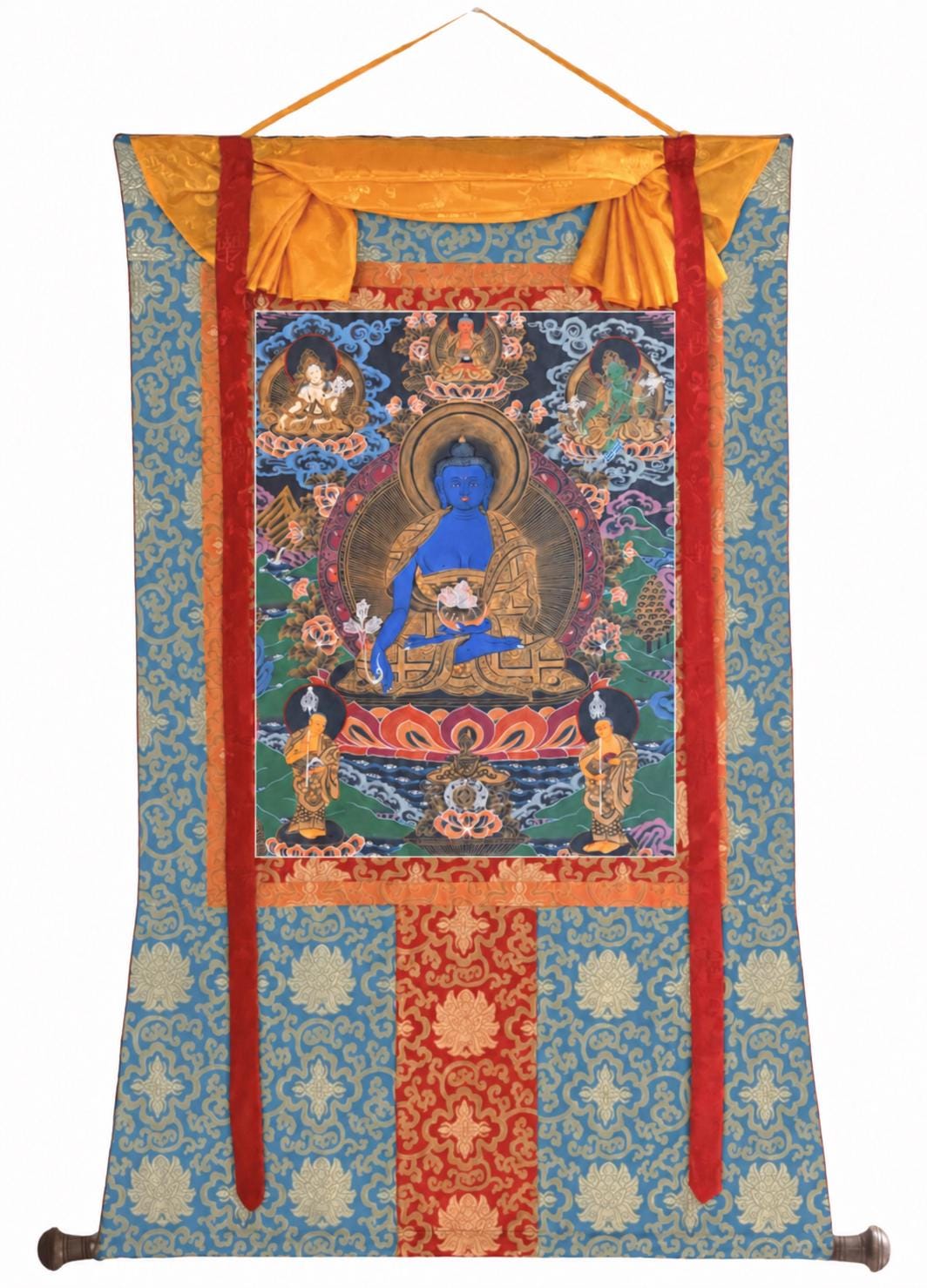 Hand-Painted Medicine Buddha Thangka Painting, BhaisajyaGuru Tibetan Meditation Art