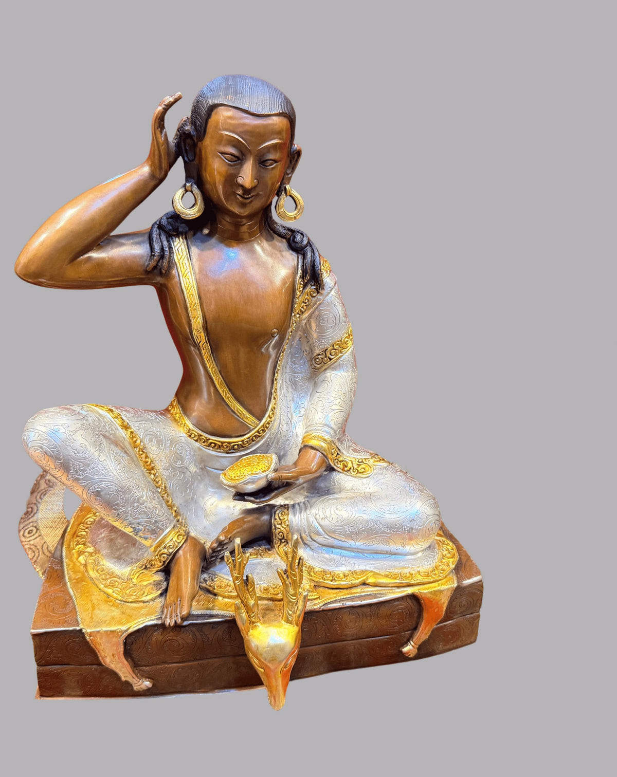 Milarepa Statue, Handmade Oxidized Copper Tibetan Buddhist Sculpture, Gold Gilded and Silver Plated Meditation Altar Decor