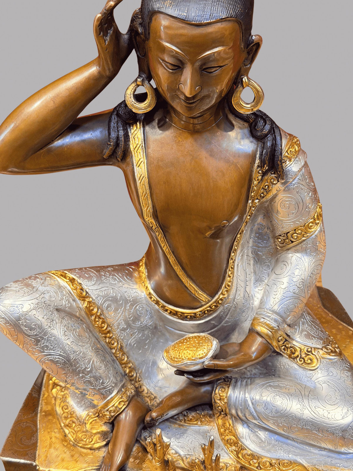 Milarepa Statue, Handmade Oxidized Copper Tibetan Buddhist Sculpture, Gold Gilded and Silver Plated Meditation Altar Decor
