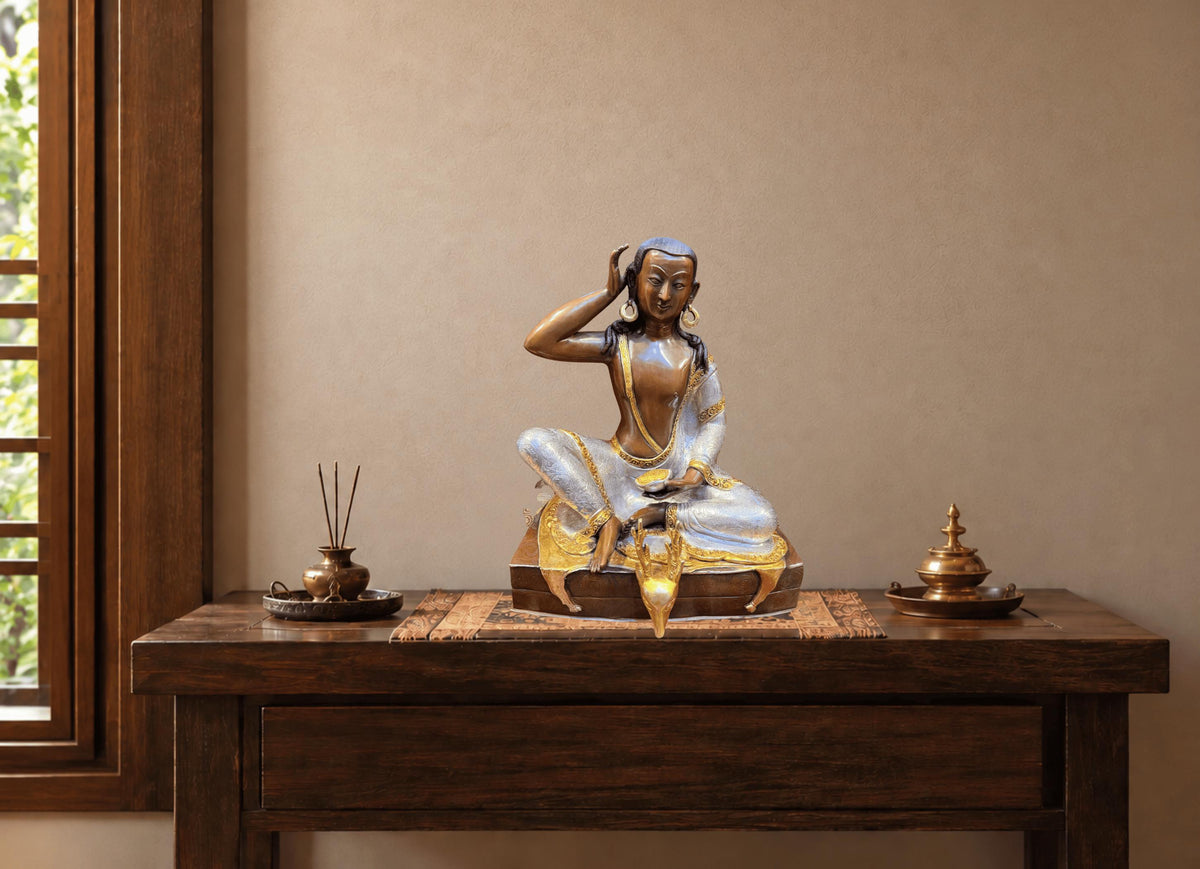 Milarepa Statue, Handmade Oxidized Copper Tibetan Buddhist Sculpture, Gold Gilded and Silver Plated Meditation Altar Decor
