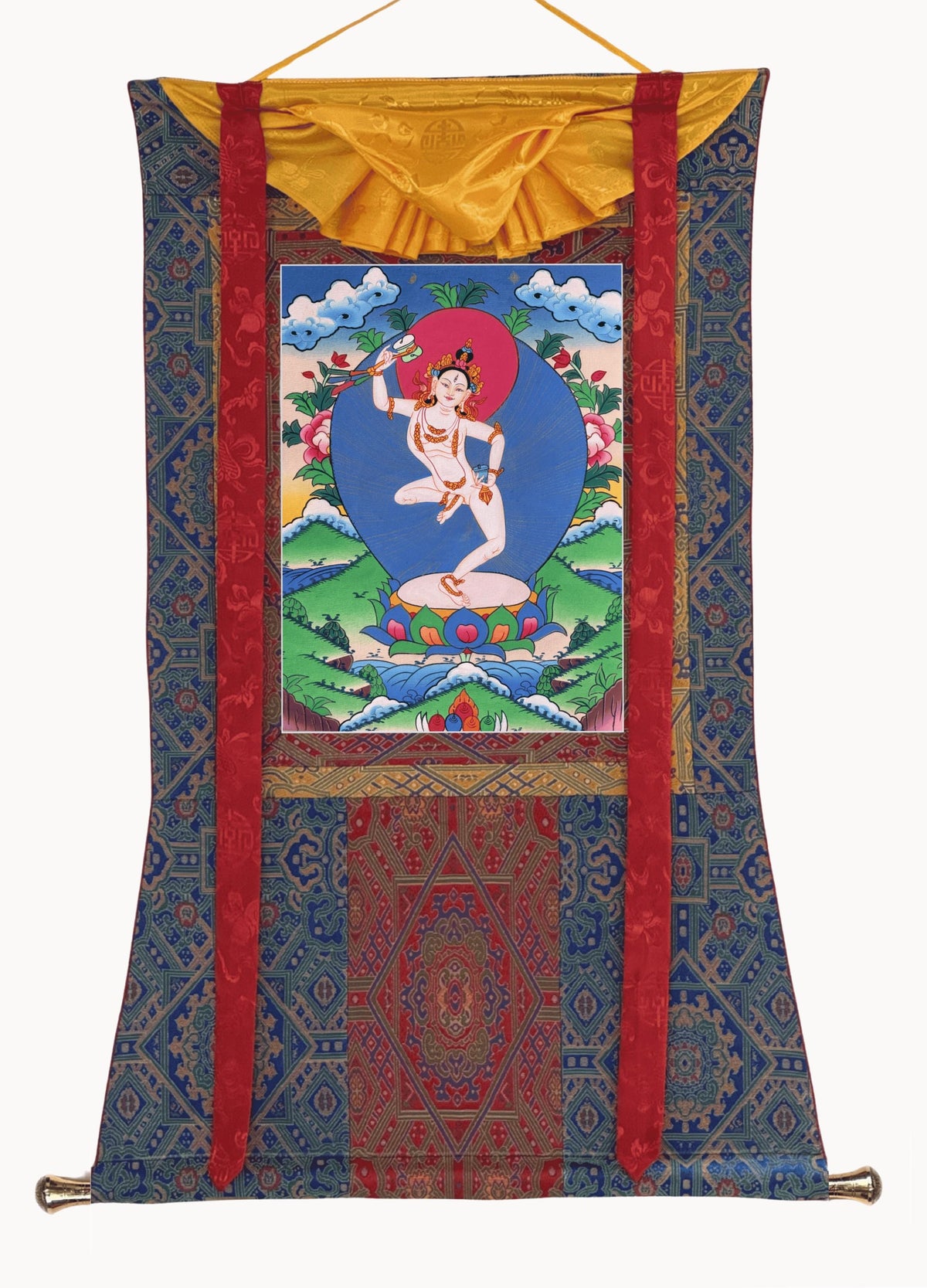 Machig Labdron Thangka Painting with Silk Brocade, Hand-Painted Tibetan Chod Master Buddhist Art