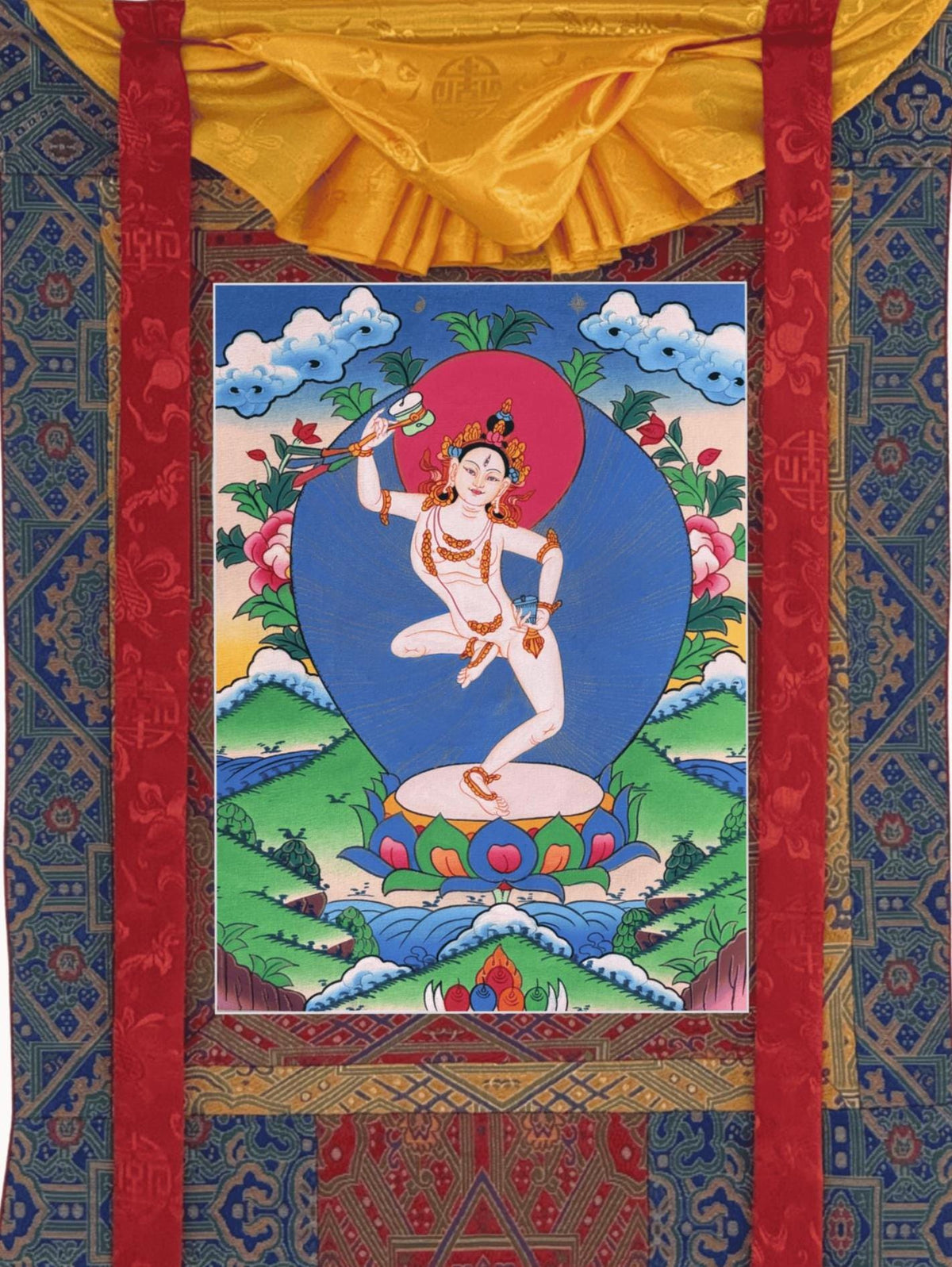 Machig Labdron Thangka Painting with Silk Brocade, Hand-Painted Tibetan Chod Master Buddhist Art